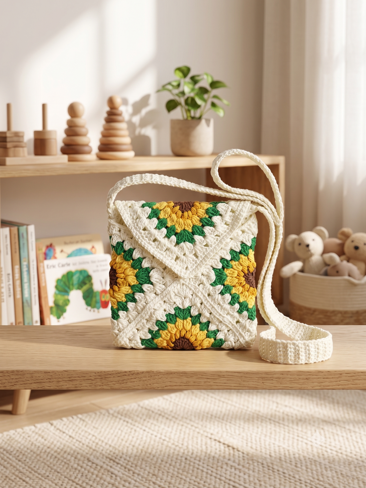 Handmade Sunflower Crochet Crossbody Bag – Boho Granny Square Knit Shoulder Purse for Women & Kids