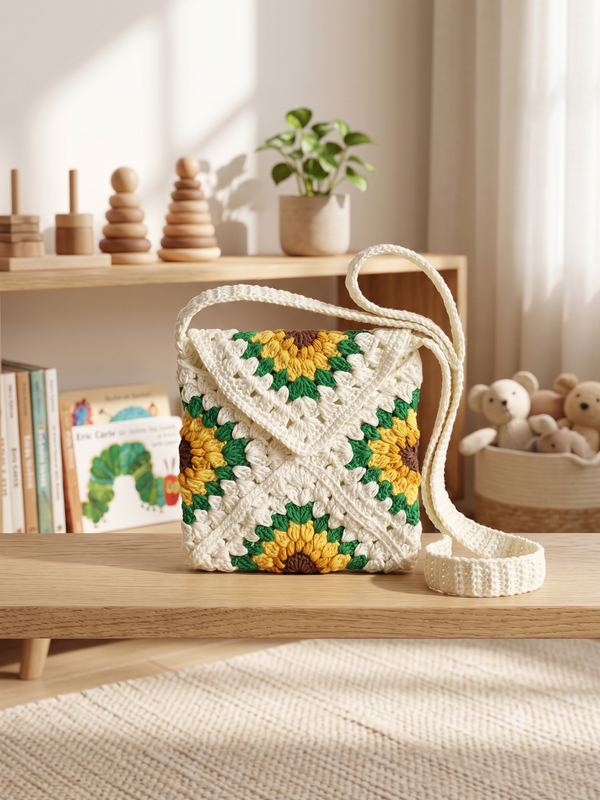 Handmade Sunflower Crochet Crossbody Bag – Boho Granny Square Knit Shoulder Purse for Women & Kids